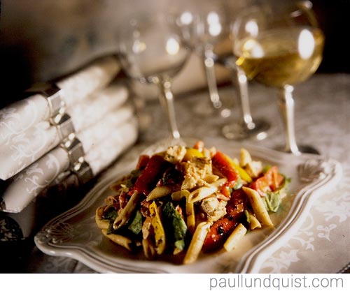 Plated Pasta With Napkins and Wine. Damico Catering